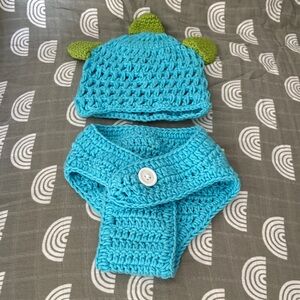 Handmade Blue Dinosaur Knit Hat and Diaper Cover Set